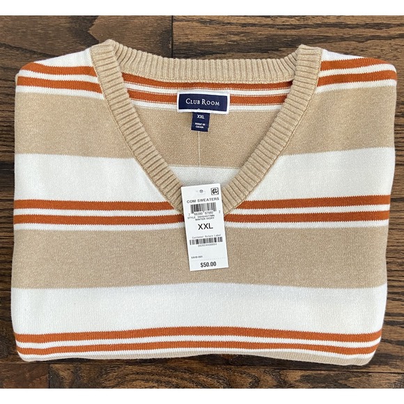 Club Room Other - Club Room Men's XXL Striped Long Sleeve V-Neck Sweater Winter Ivory NEW